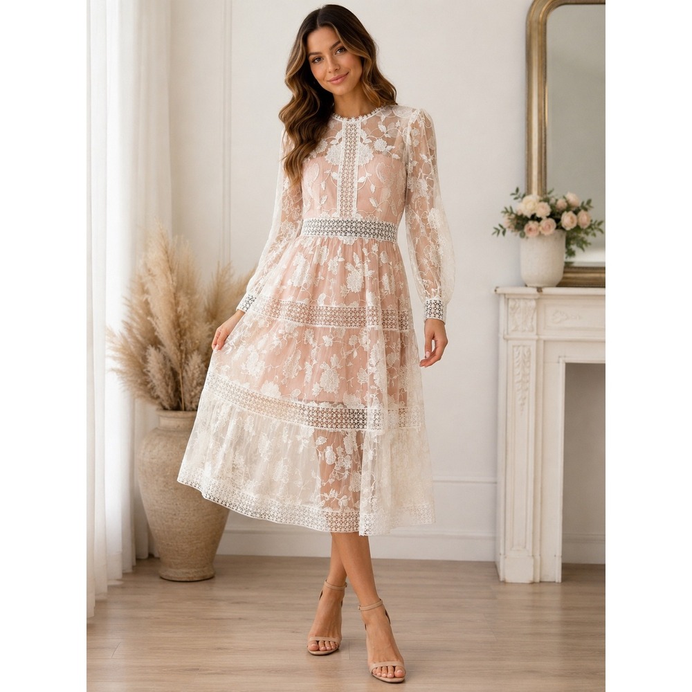Ever New Melbourne‎ White Floral Embroidered Lace Midi Dress Romantic Wedding 6